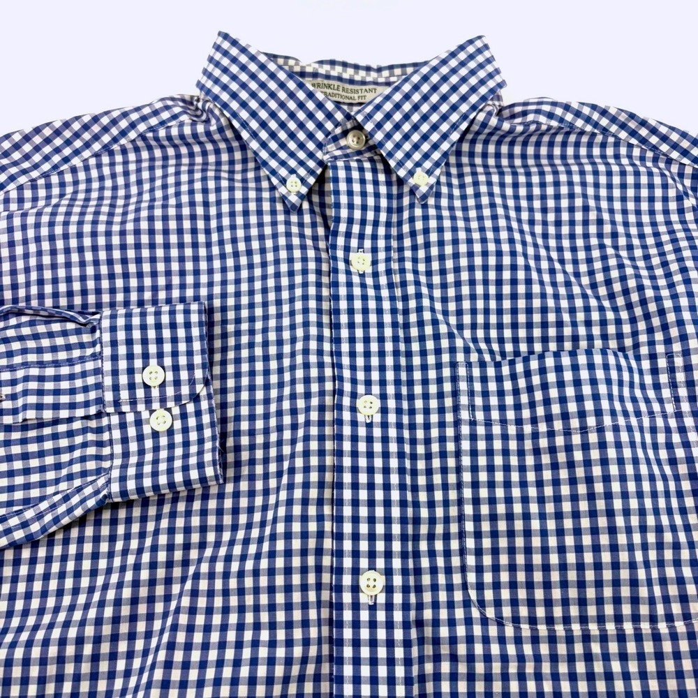 LL Bean Mens Blue White Gingham Button Down Shirt Wrinkle Resistant M Tall